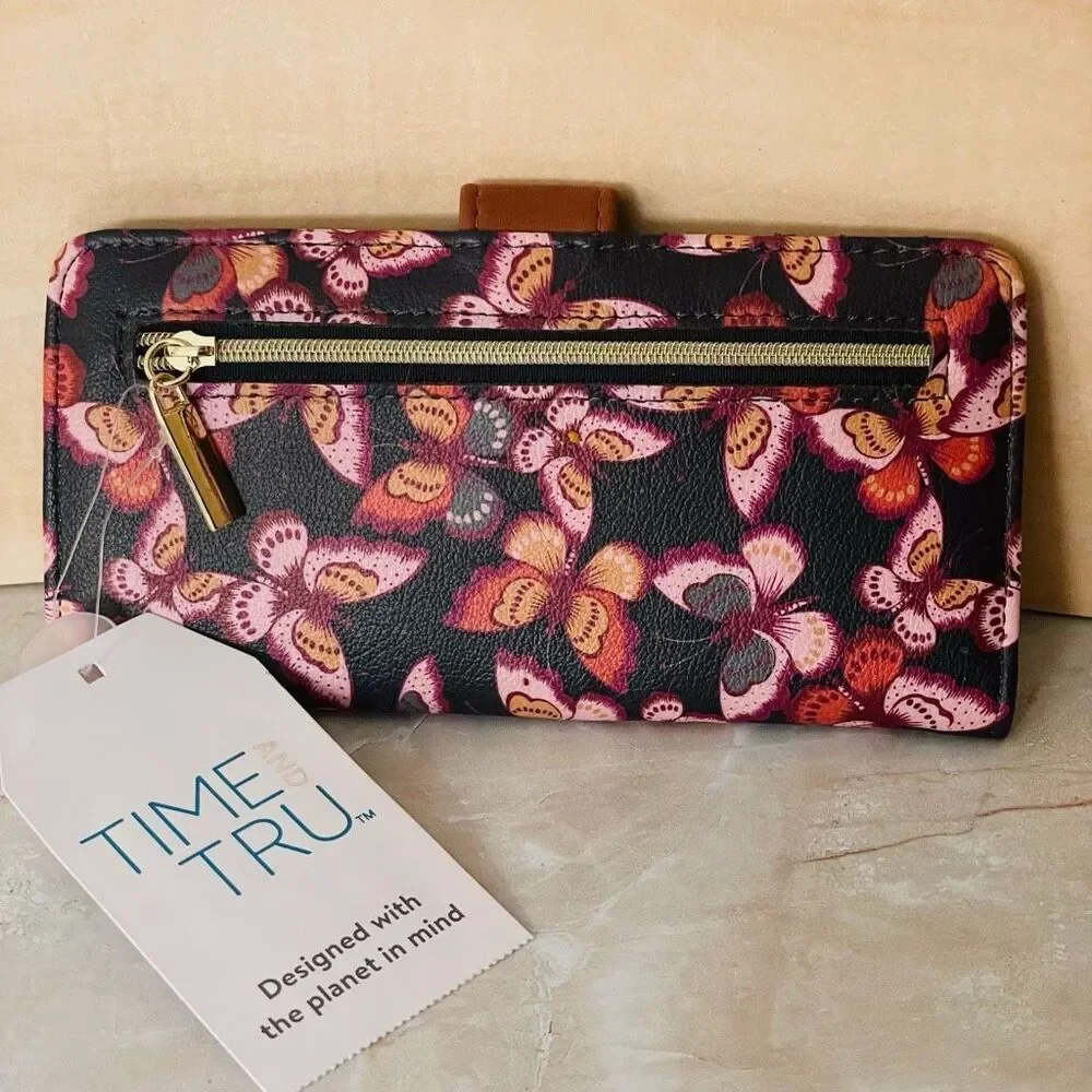 NWT Time and Tru Alexandra Black lilac butterflies Slim Faux leather Slim Wallet